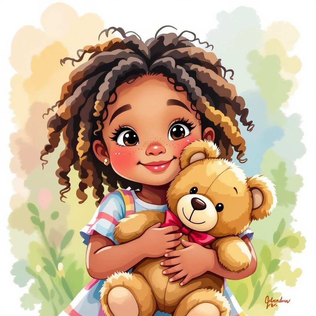 Joyful Girl with Teddy Bear in Watercolor Style