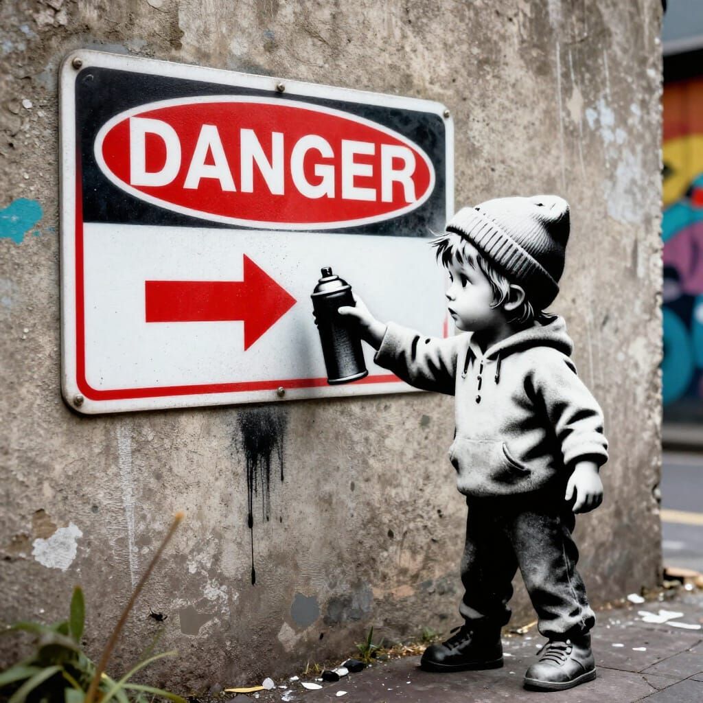 Child Artist Defies Warning Sign in Banksy-Style Street Art