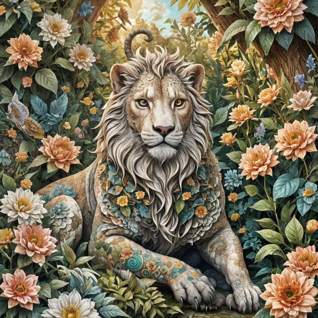 Hyperrealistic Cottagecore Lion in Abstract Vector Fractal