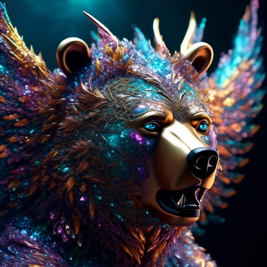 Winged Bear Dragon with Fractal Fur, Hyperrealistic CGI