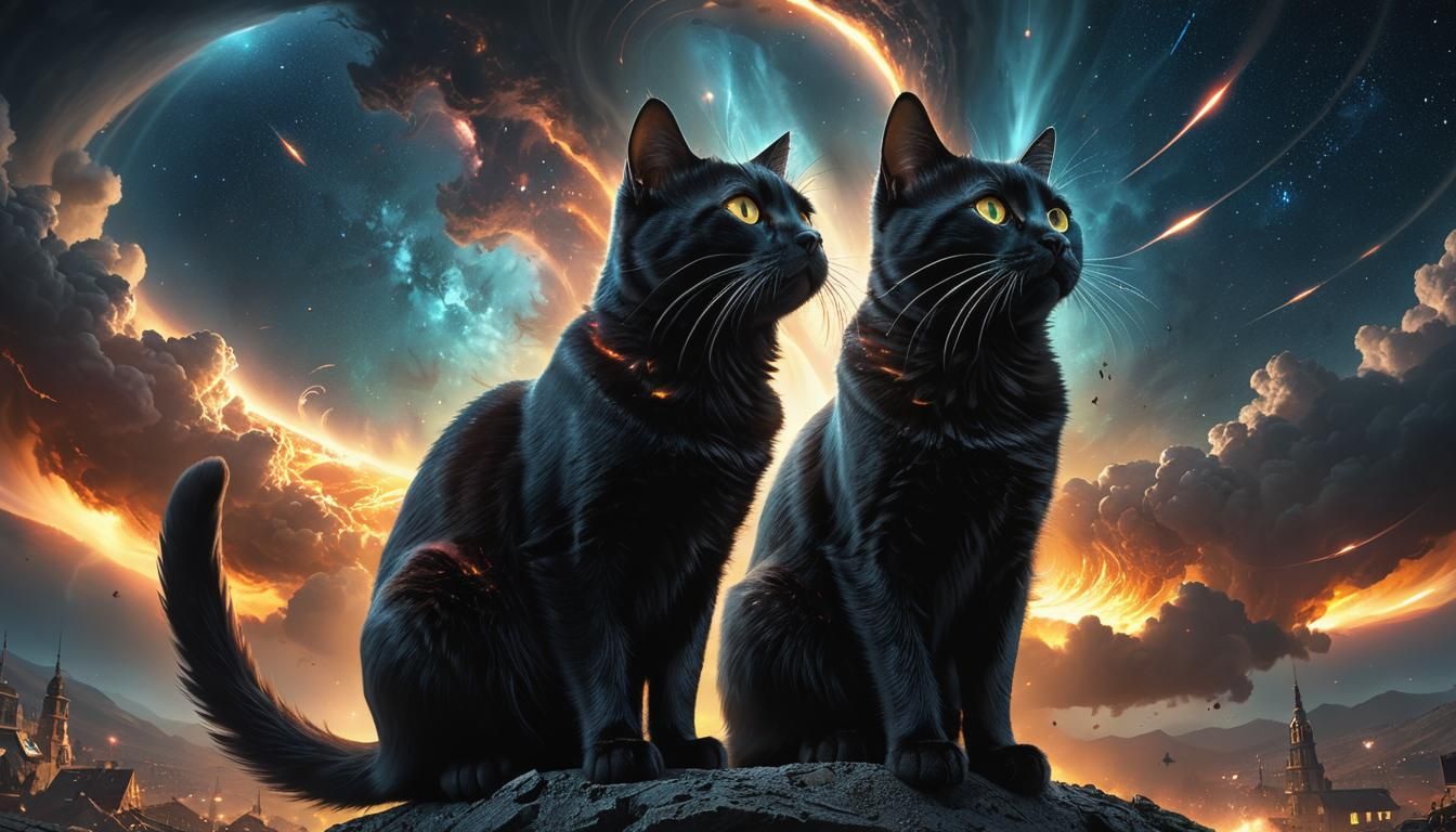 Detailed Black Cat Gazing at Space Tornado