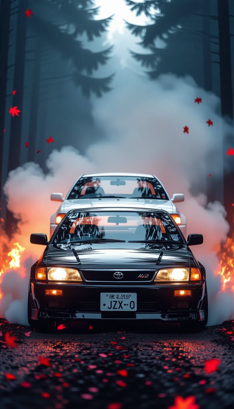 Black Toyota Chaser JZX100 Amidst Fiery Sakura