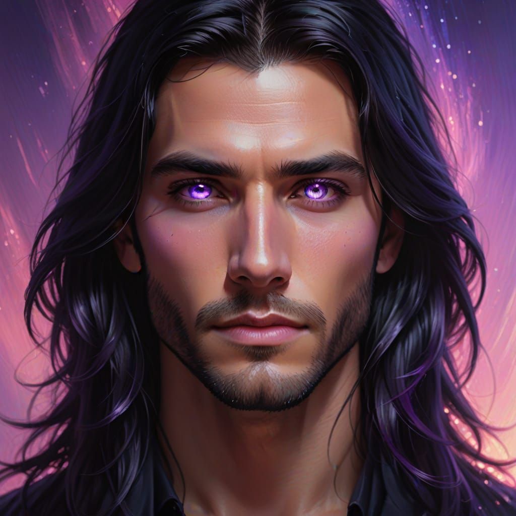 Ethereal Man with Amethyst Eyes: Digital Portrait