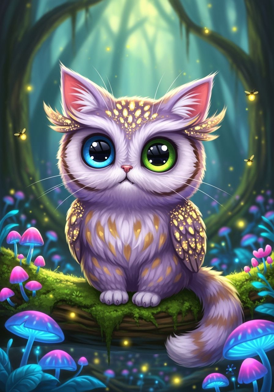 Adorable Cat-Owl Hybrid in Mystical Forest