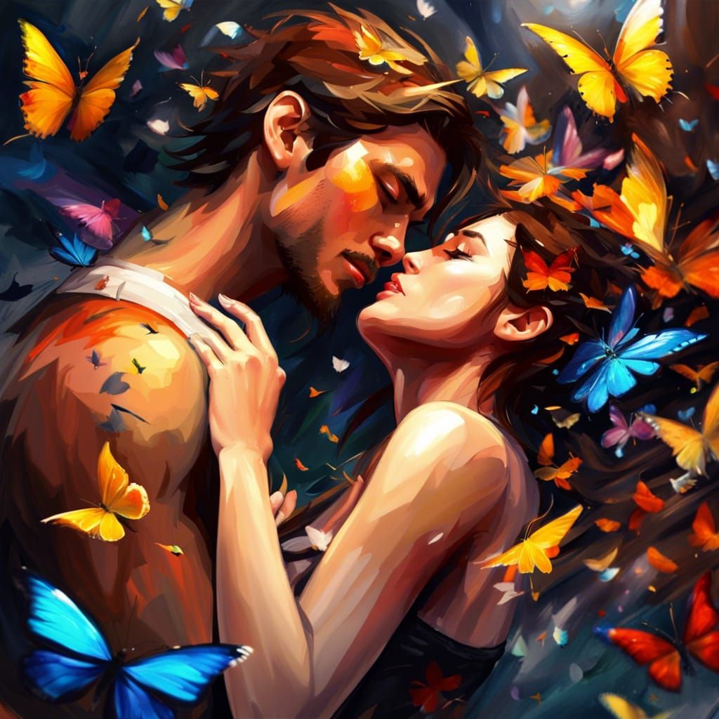 Passionate Kiss Surrounded by Butterflies, Impasto Style