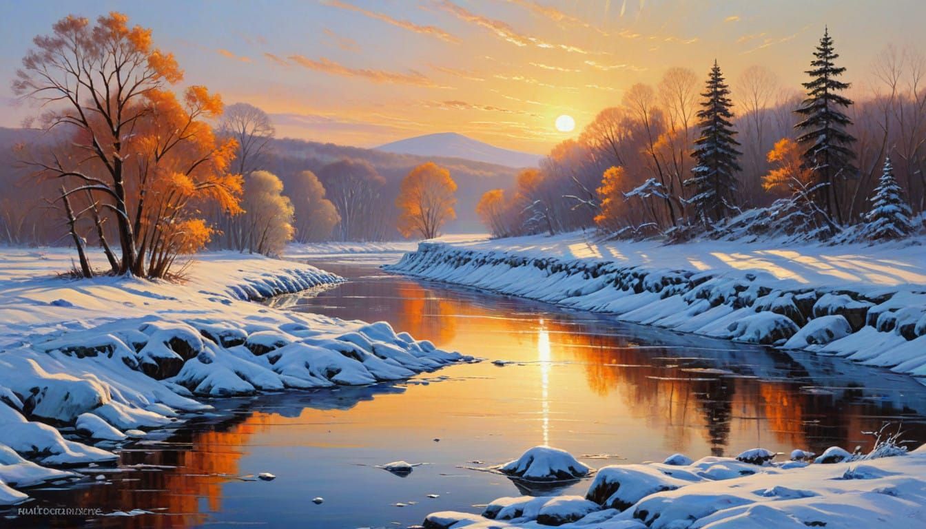 Vibrant Winter River Scene in Warm Sunlight