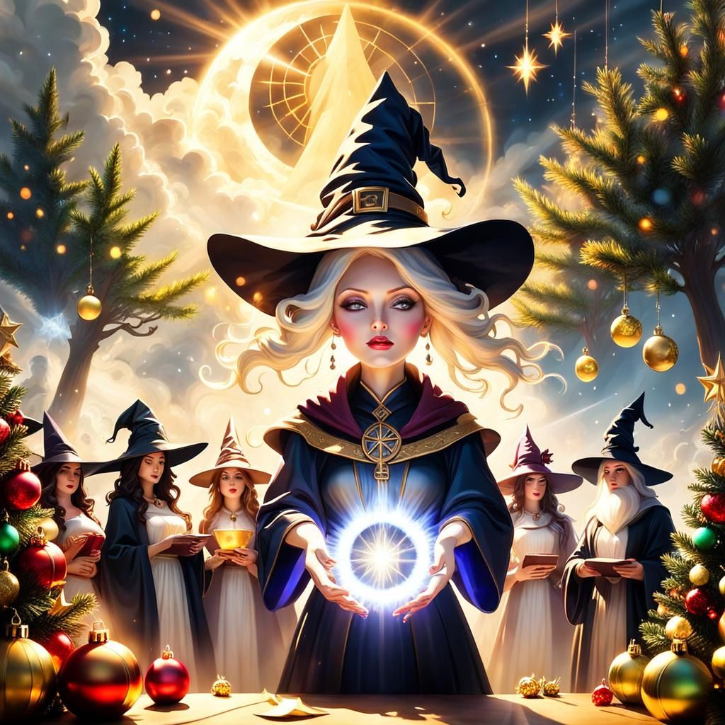 Witches Chanting Around Christmas Tree in Sunlight