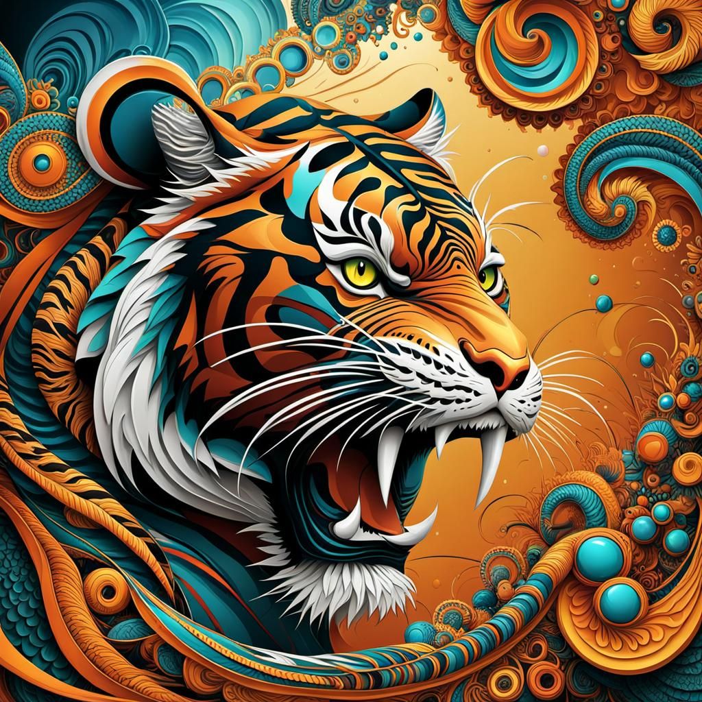 Smiling Tiger and Snake in Deep Water