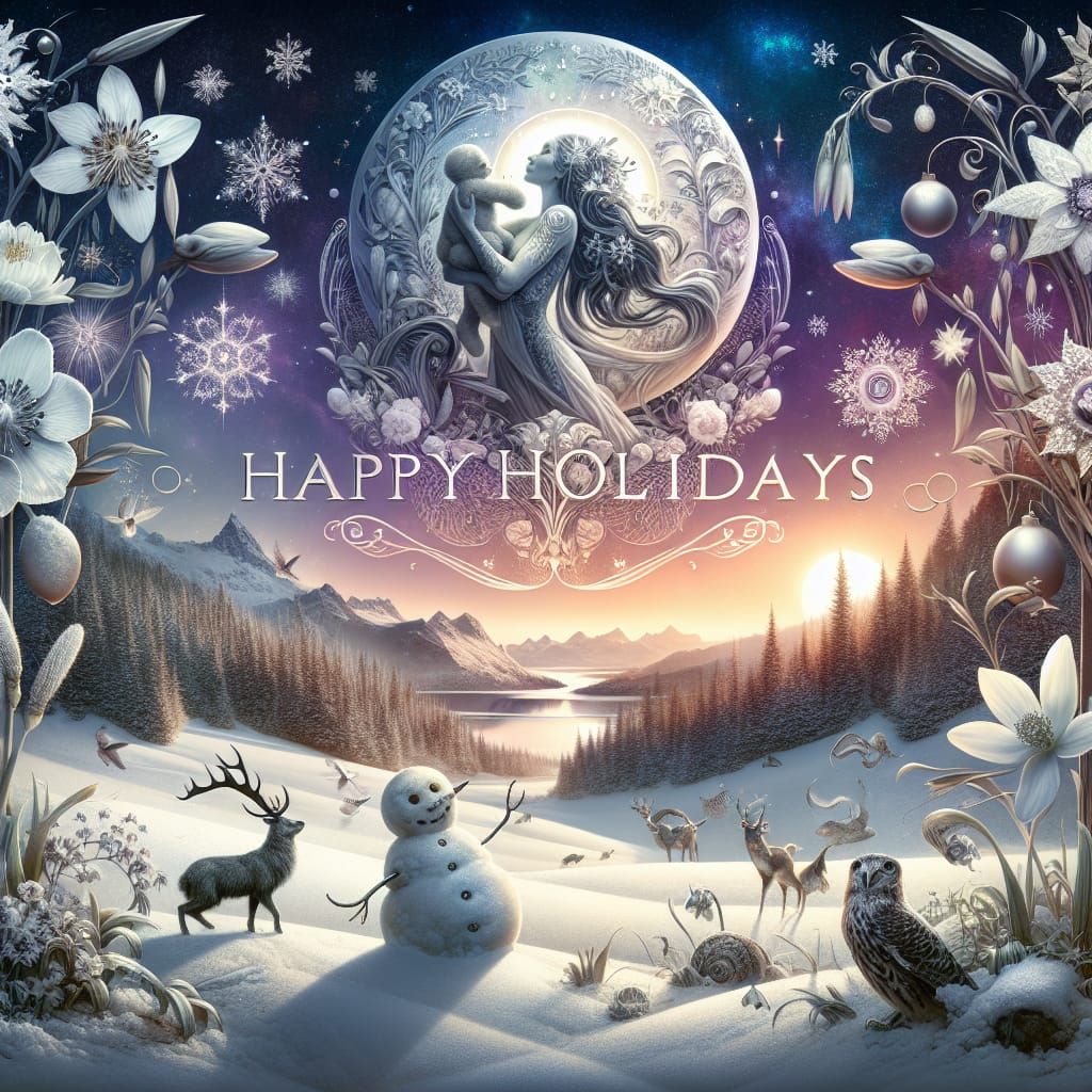 Winter Goddess Surrounded by Snowdrops and Fantasy Creatures...