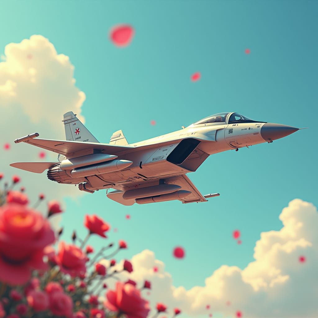 Air Force Jet Soaring Through Roses in Summer Sky