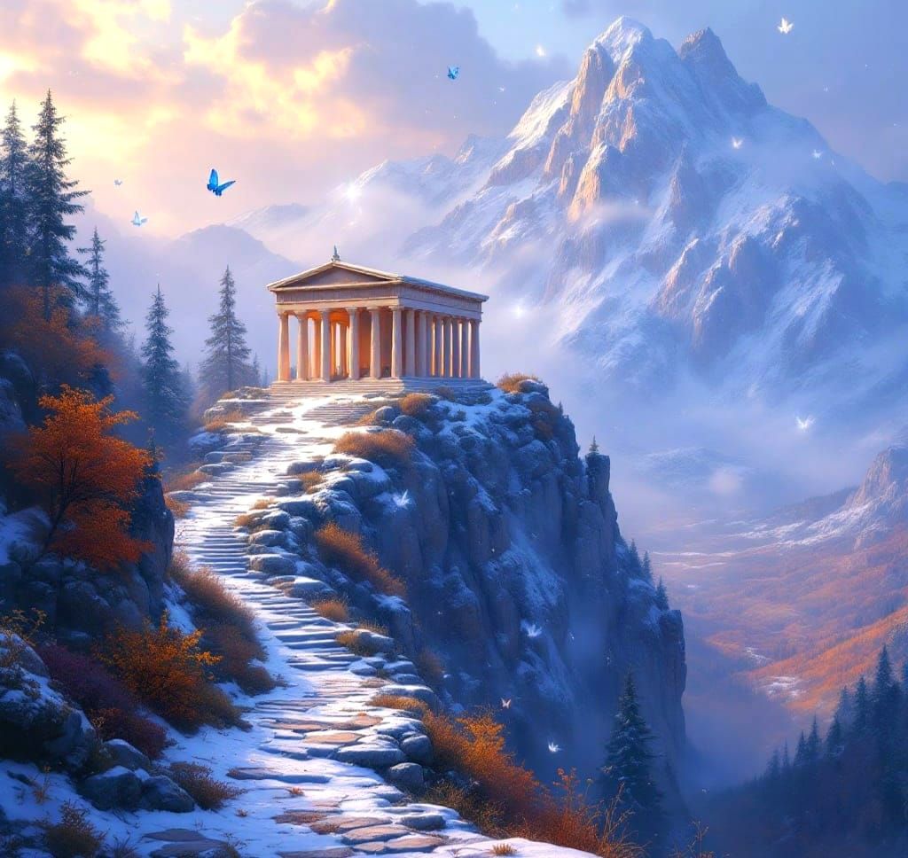 Enchanted Winter Temple in Dreamy Fantasy Style