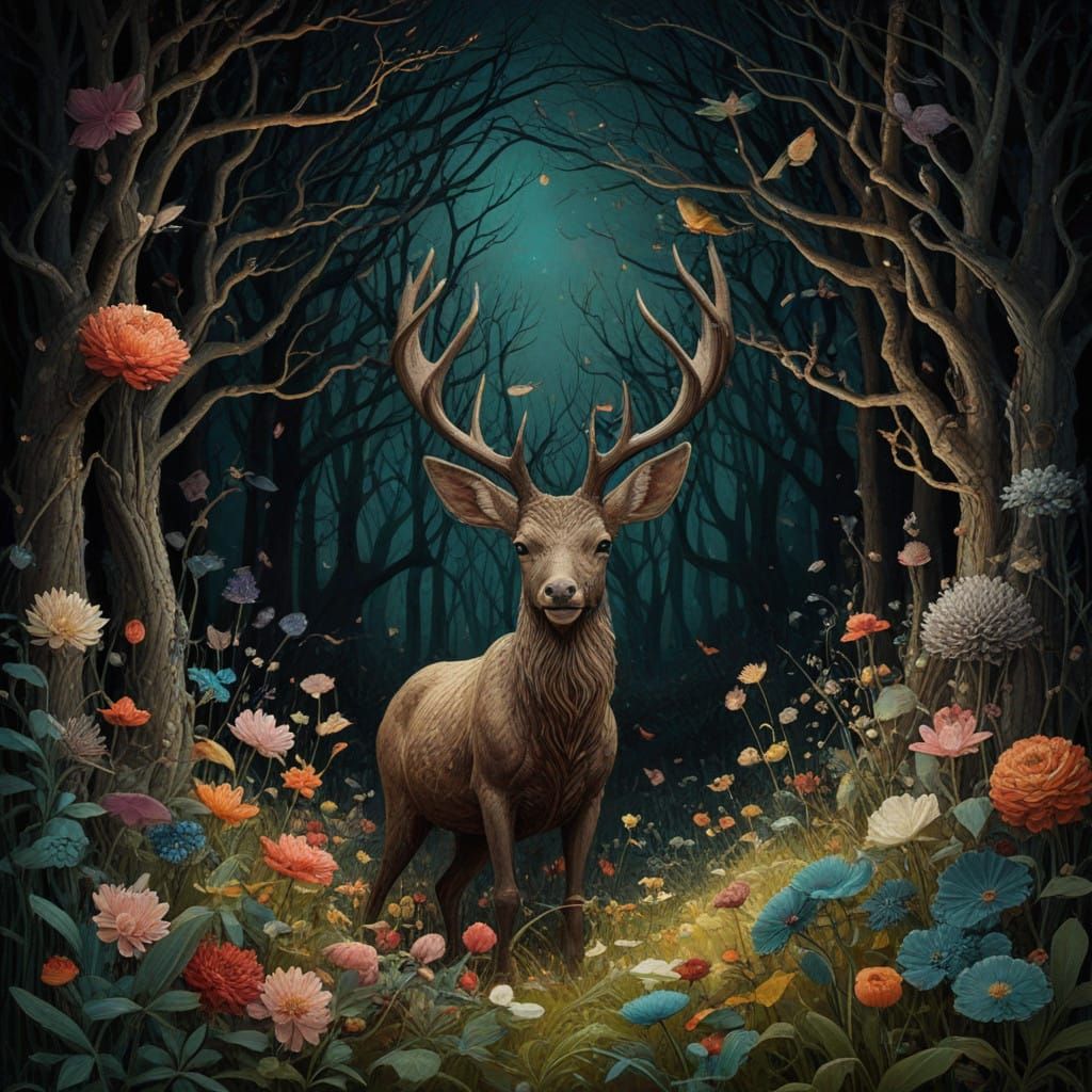 Vibrant Floral Fantasy under Starry Night Skies