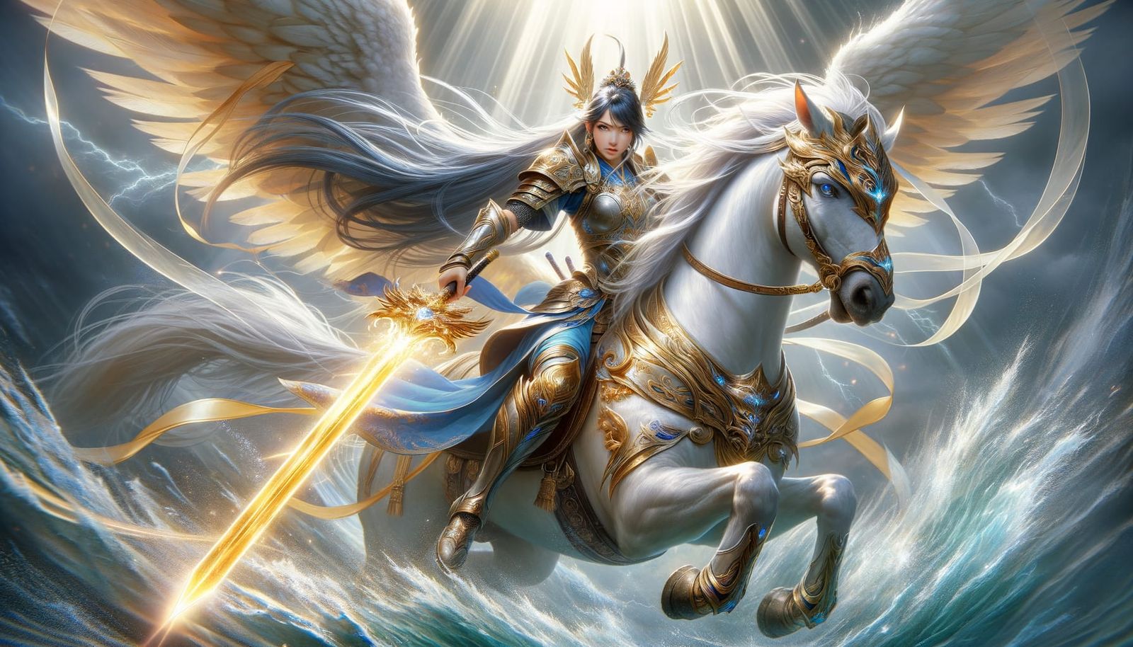Brave Asian Warrior on White Horse with Golden Sword