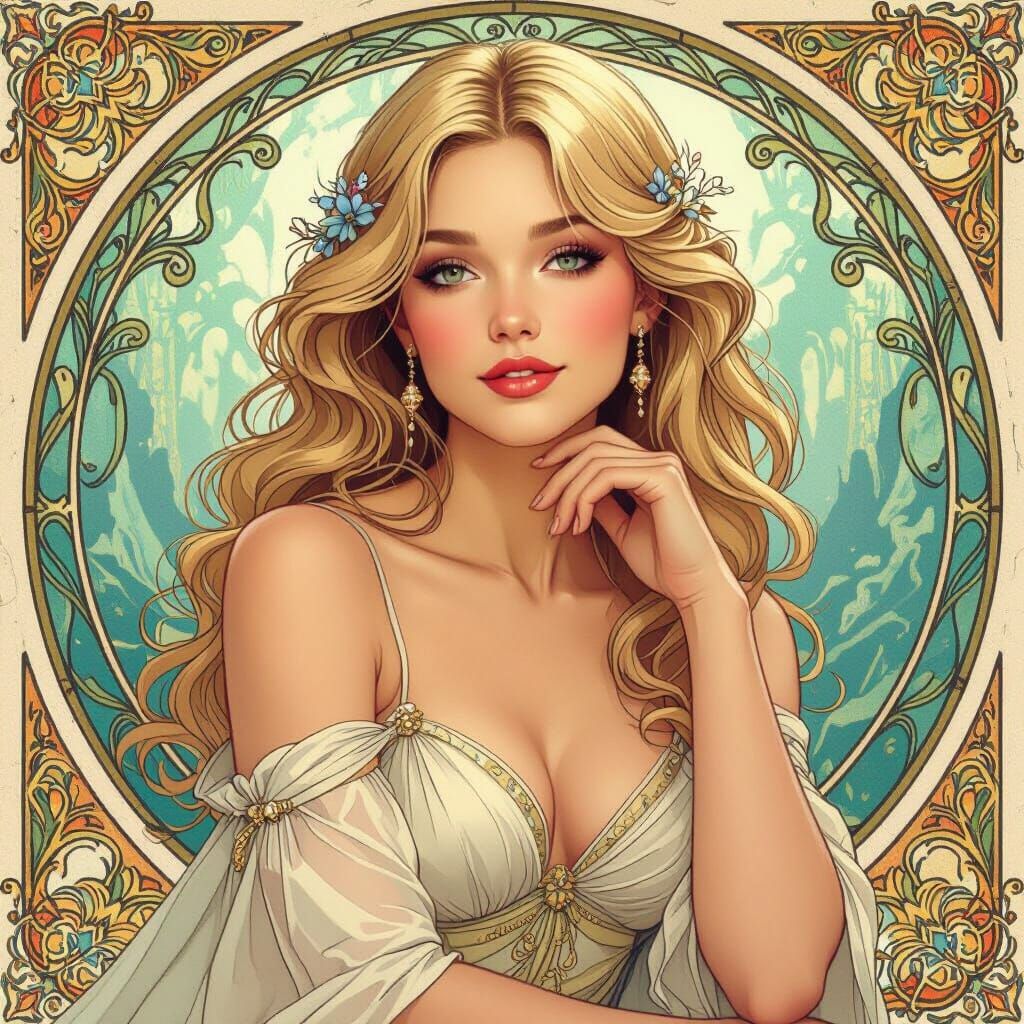 Elegant Woman in Alphonse Mucha Style