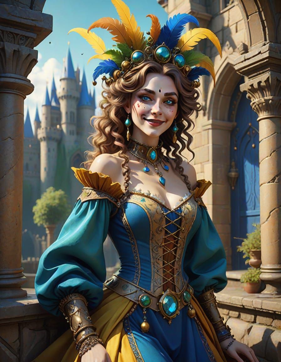 Whimsical Jester Woman in Vibrant, Hyperrealistic Attire