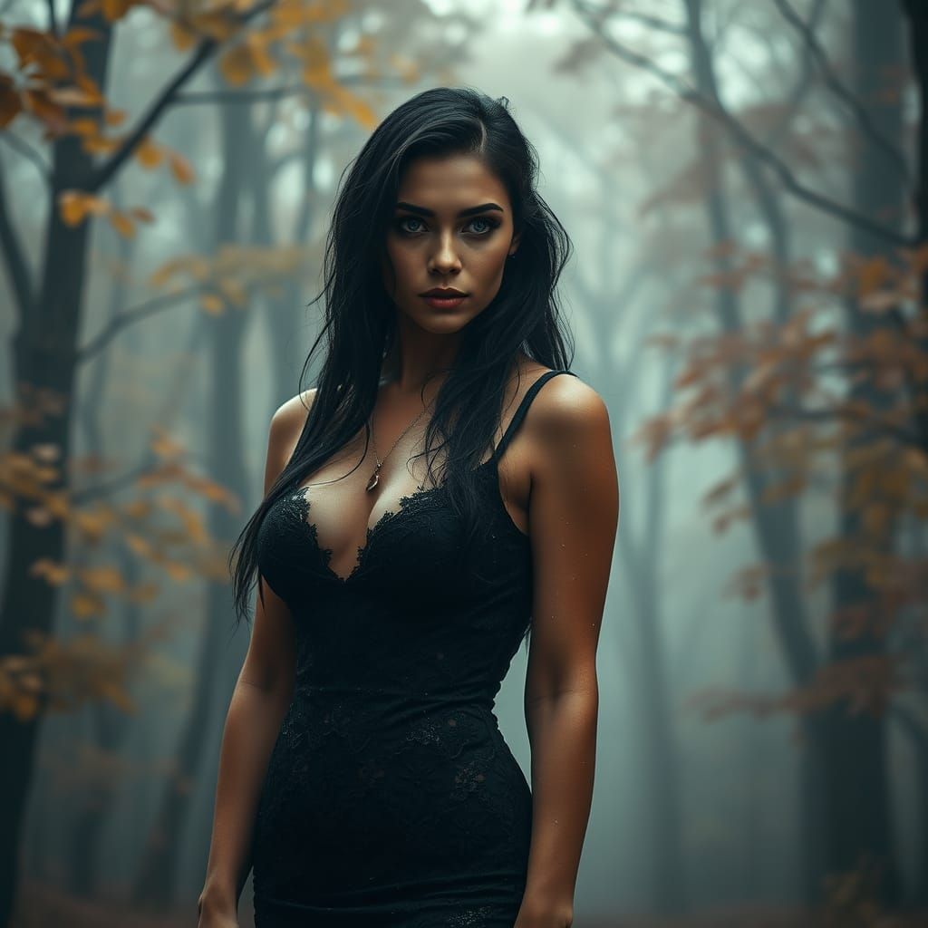 Gothic Latina Enchantress in Autumn Forest