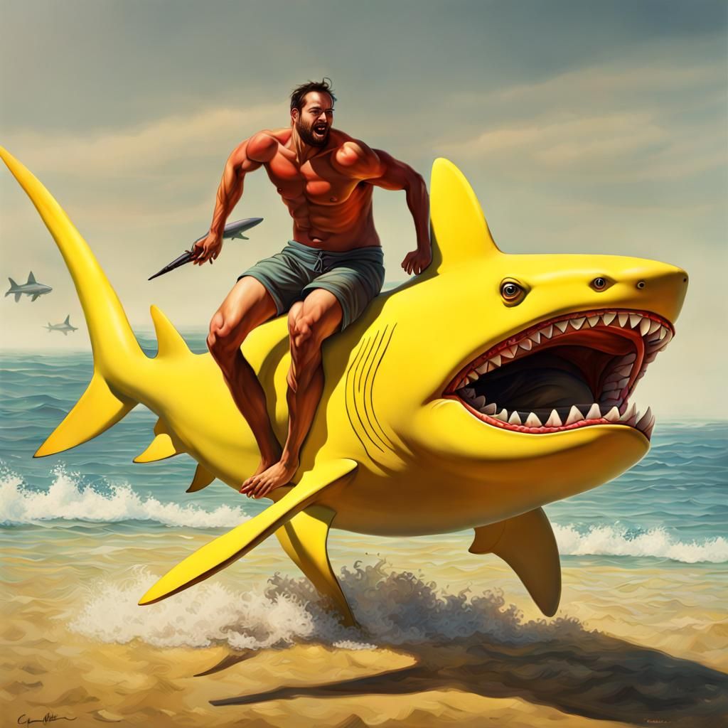 Yellow Figures Ride Sharks on Beach: Hyperrealistic Renderin...