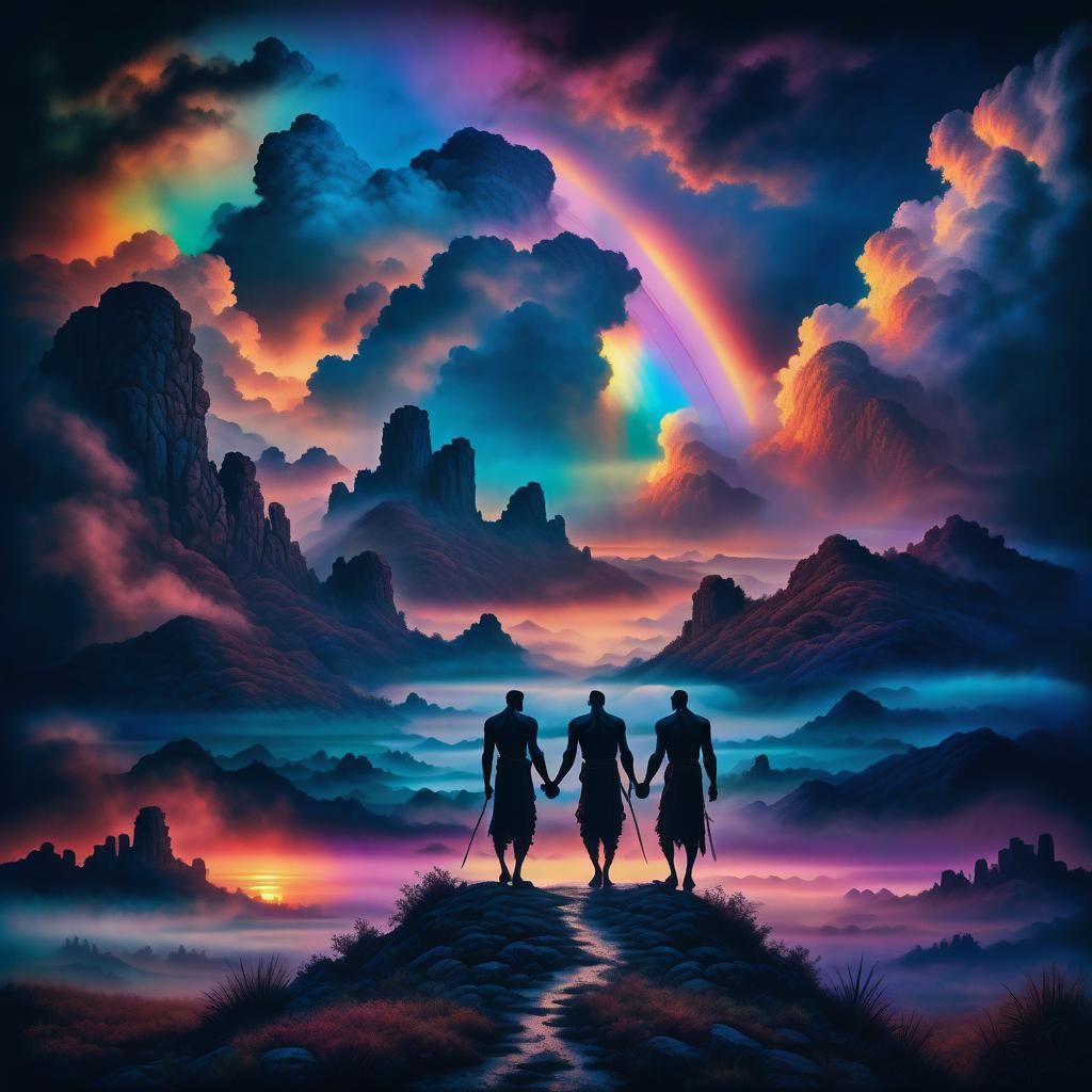 Misty Dark Fantasy Landscape with Silhouetted Figures