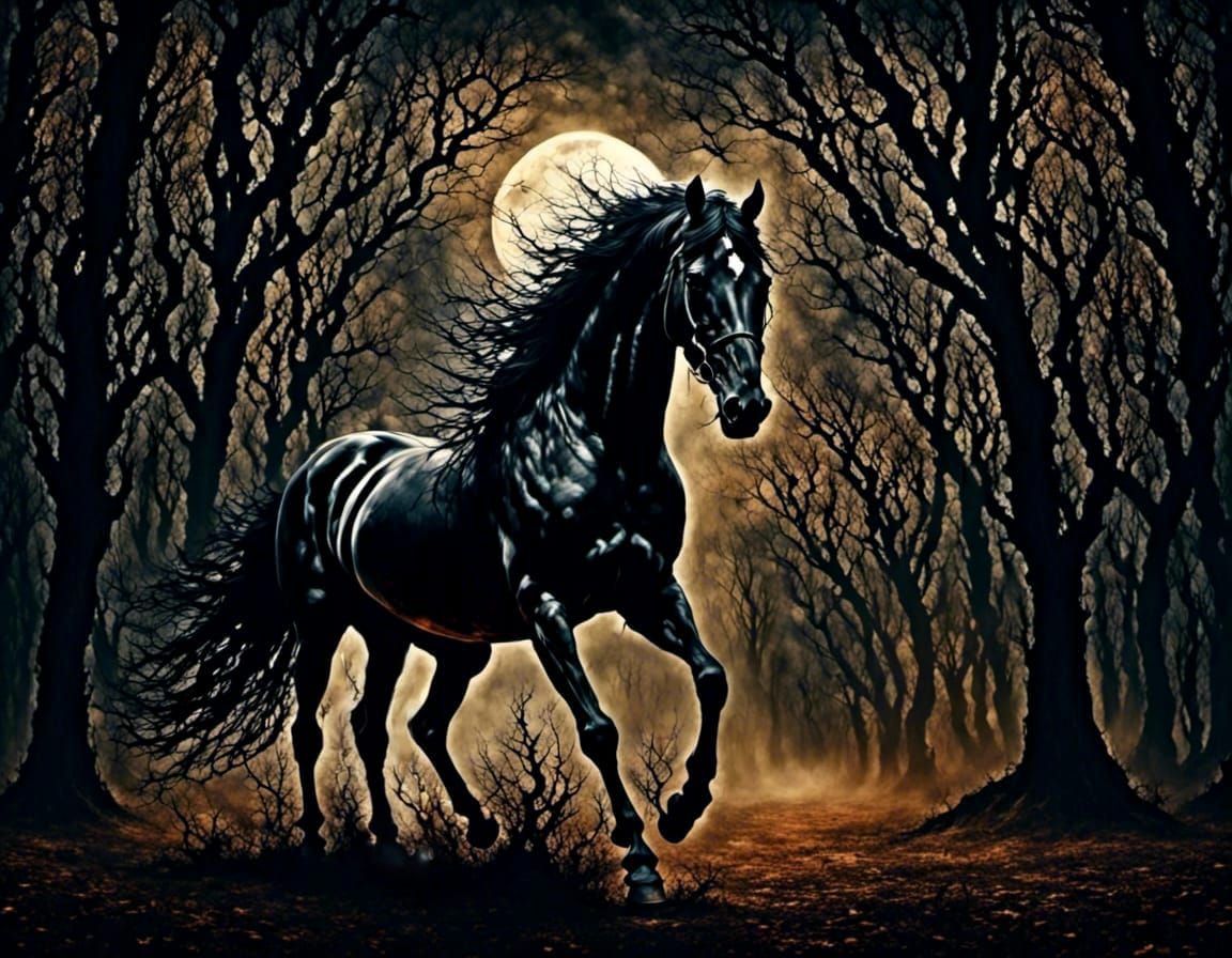 Noble Black Horse in Spooky Midnight Forest