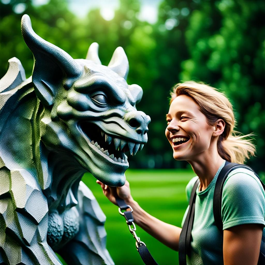 Woman Pets Stone Gargoyle in Lush Park