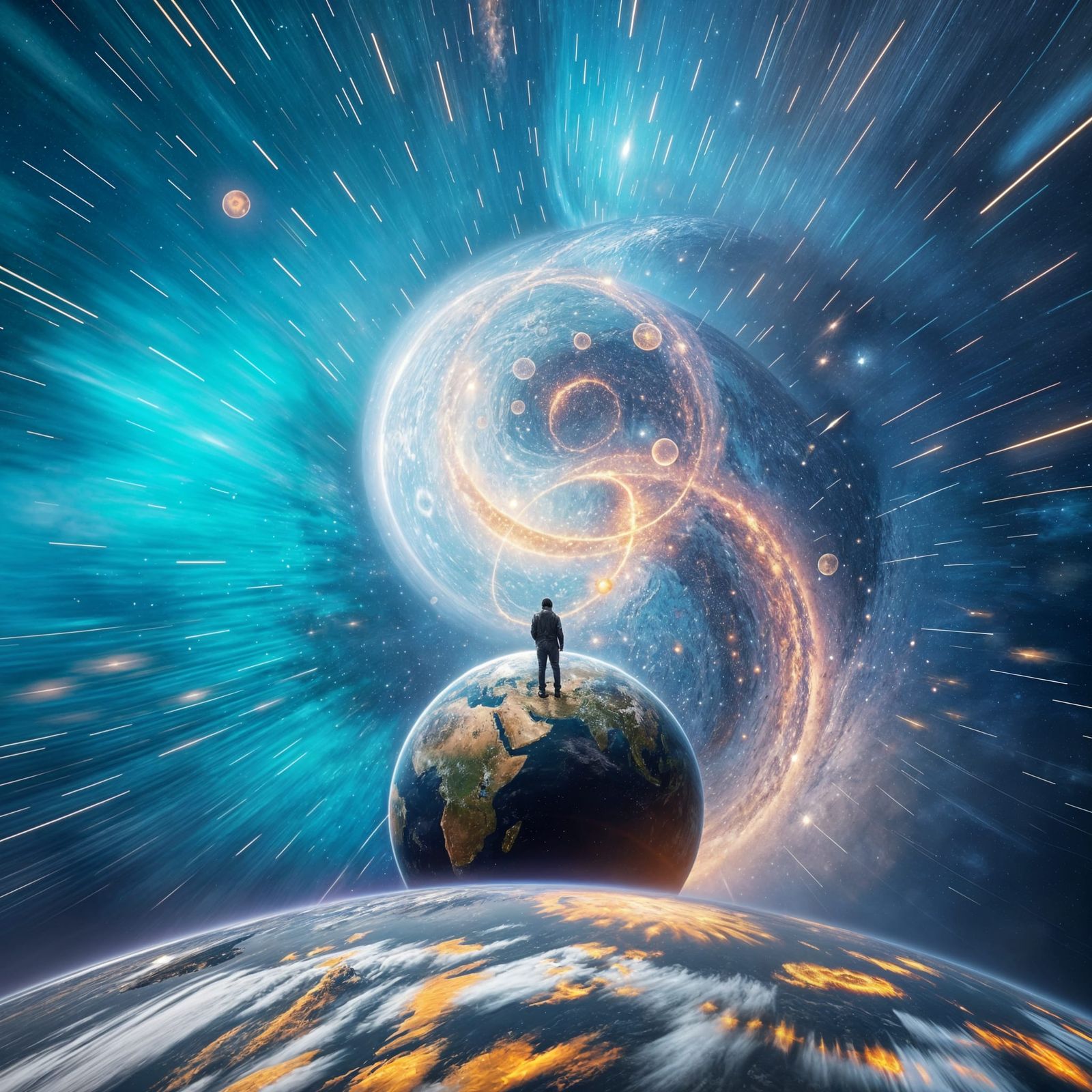 Cosmic Entity Standing Amidst Celestial Vortex in Vibrant Co...