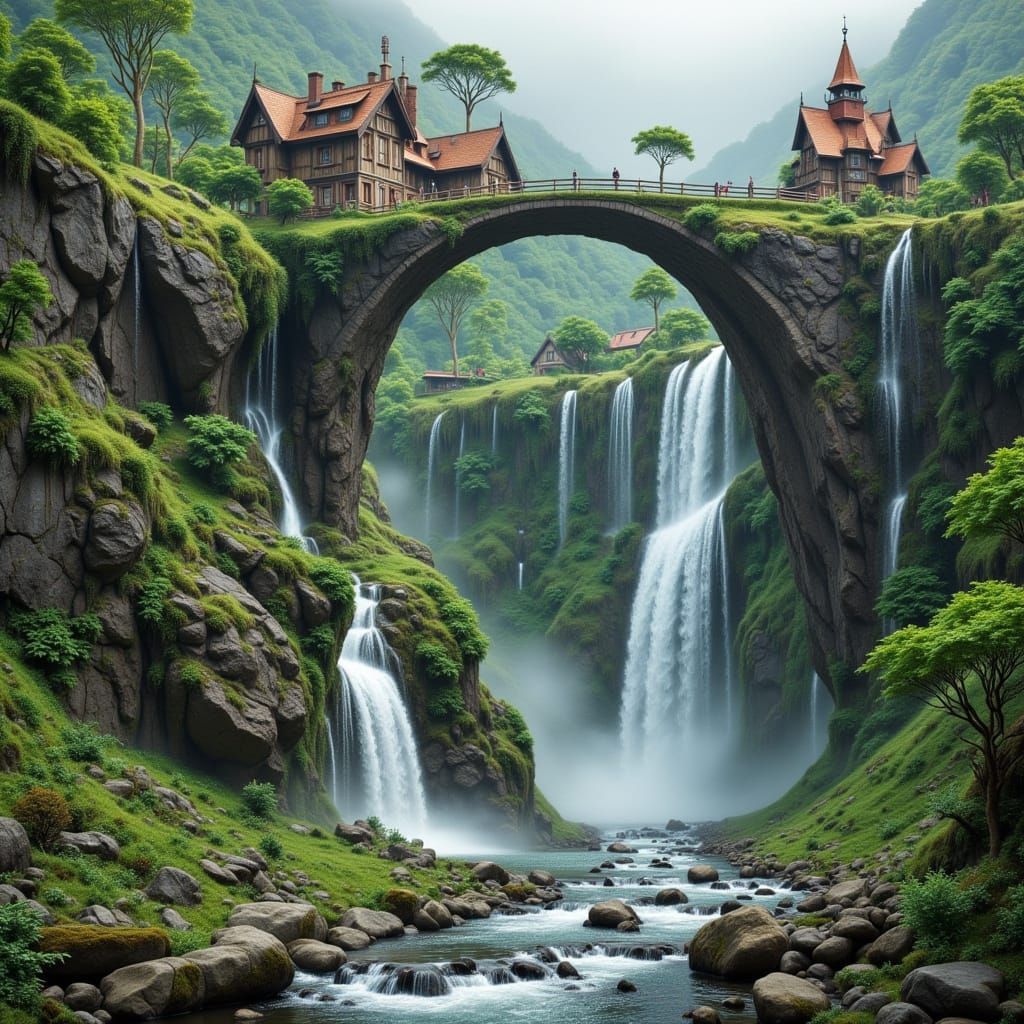 Waterfall Village in a Magic Ball: Sci-Fi Surrealism