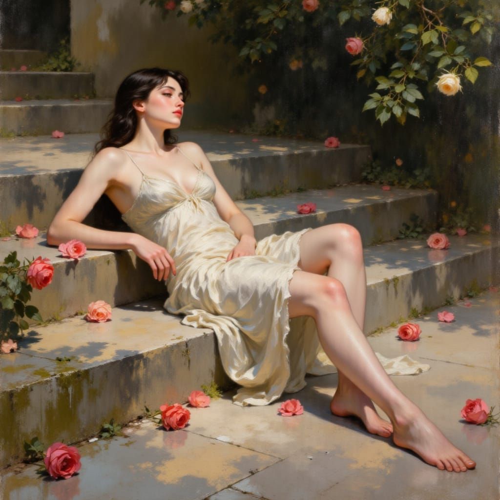Woman Reclining in Rose Garden, Bouguereau & Ana Mirallès St...