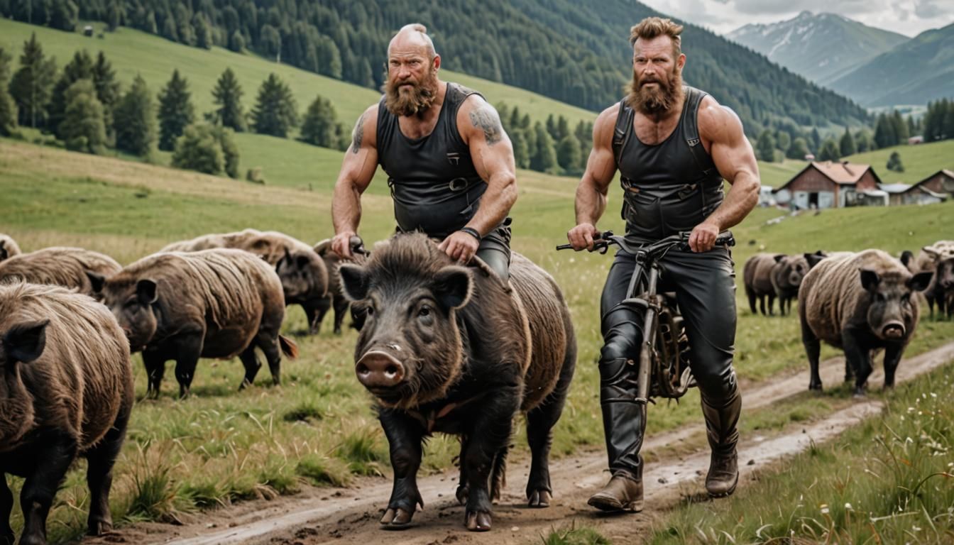 Bavarian Man Rides Wild Pig in Milk Landscape