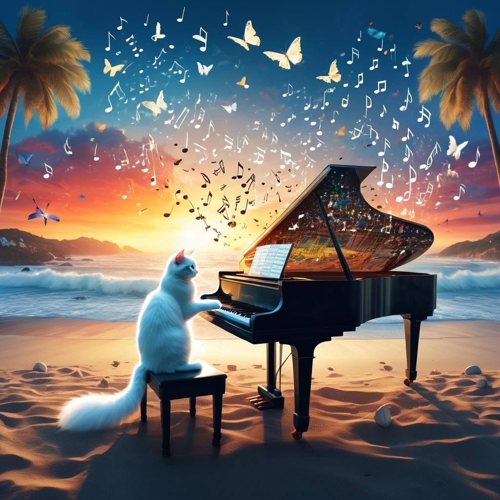 Double Exposure: Cat Playing Piano at Sunset Beach