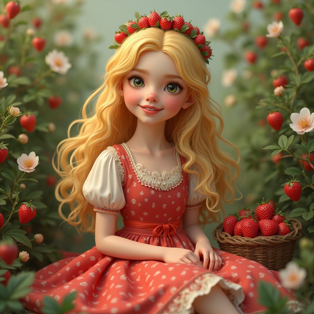 Blonde Girl in Floral Dress with Strawberry Crown