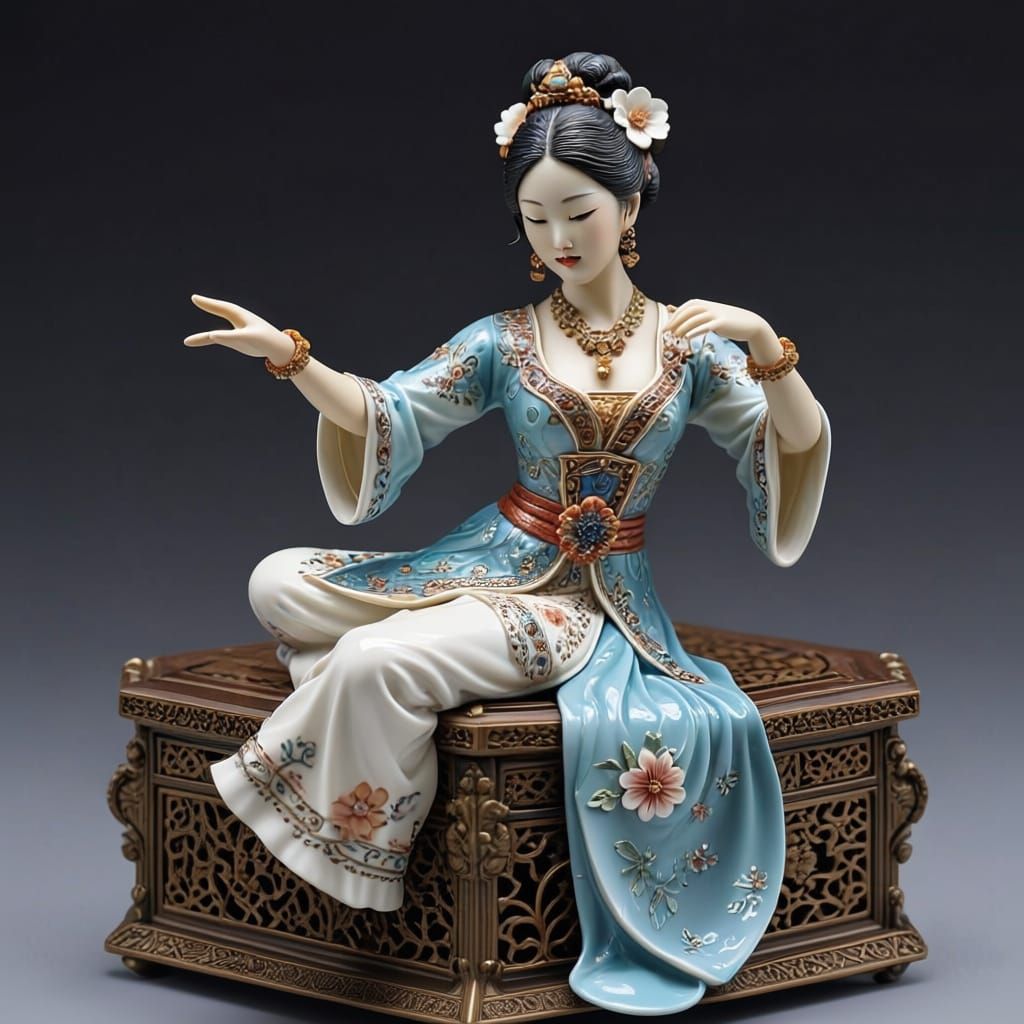 Ornate Music Box with Porcelain Asian Dancer