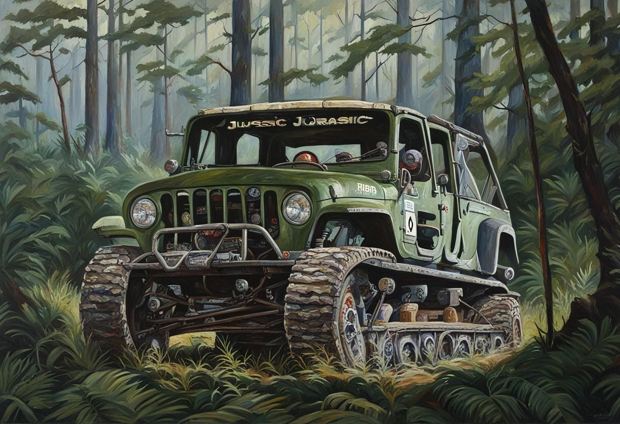 Jeep Races Through Jurassic Forest: Oil Painting