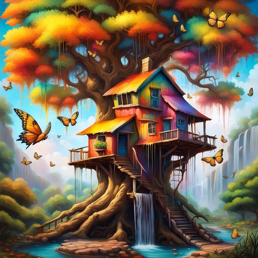 Magical Treehouse Garden with Waterfall in Graffiti Art