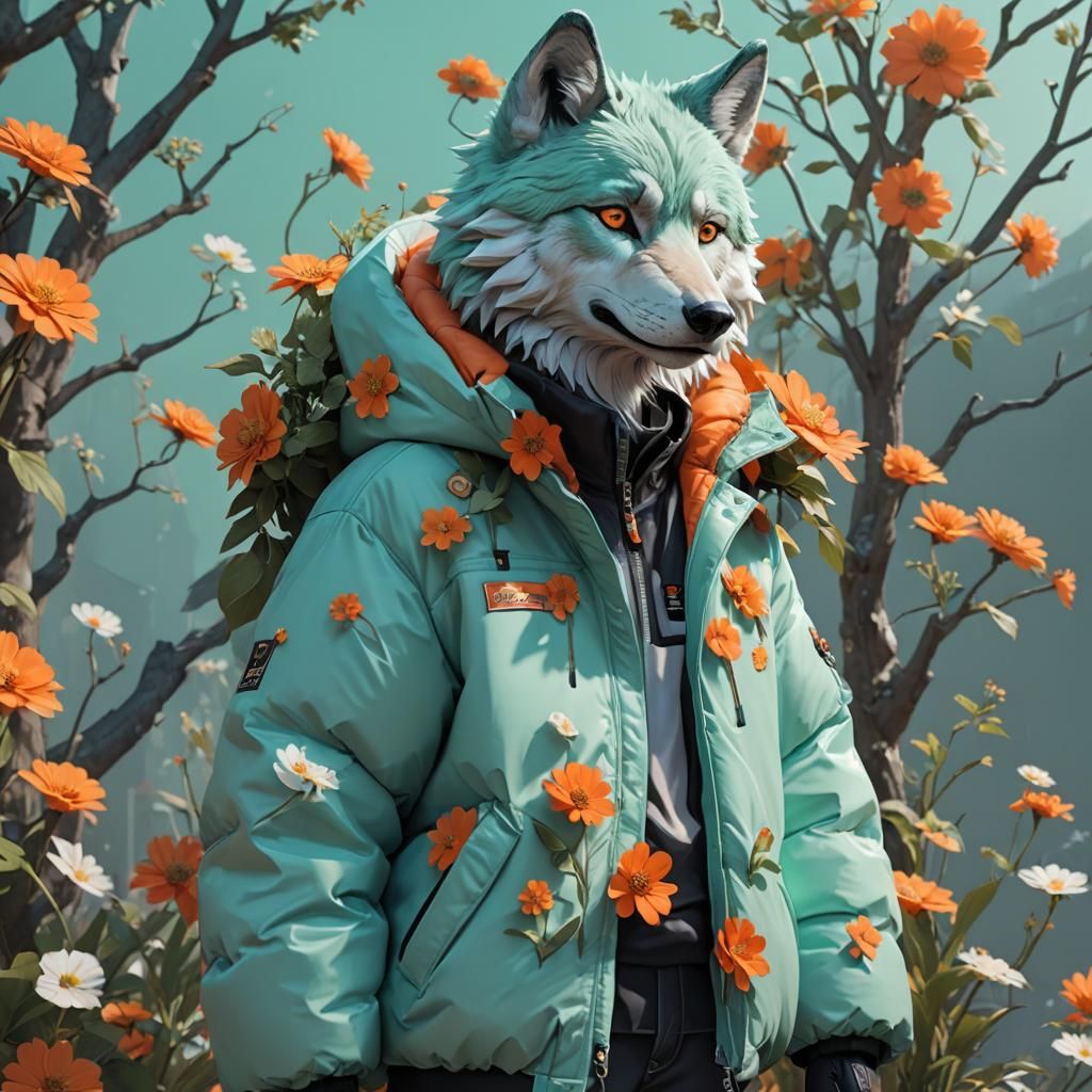 Anthro Wolf in Mint Puffer Jacket: 3D Anime Art