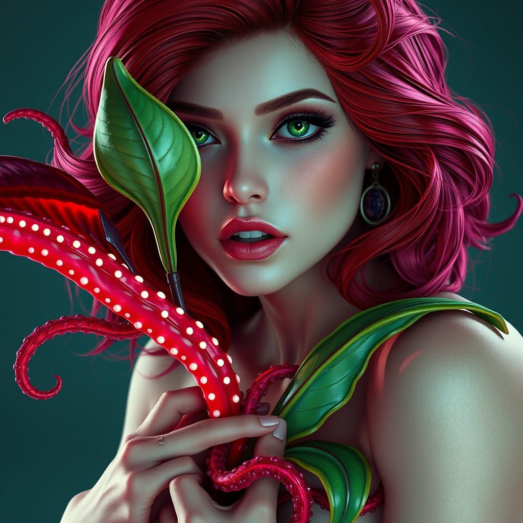 Sultry Red Haired Siren with Tentacled Alien Plant