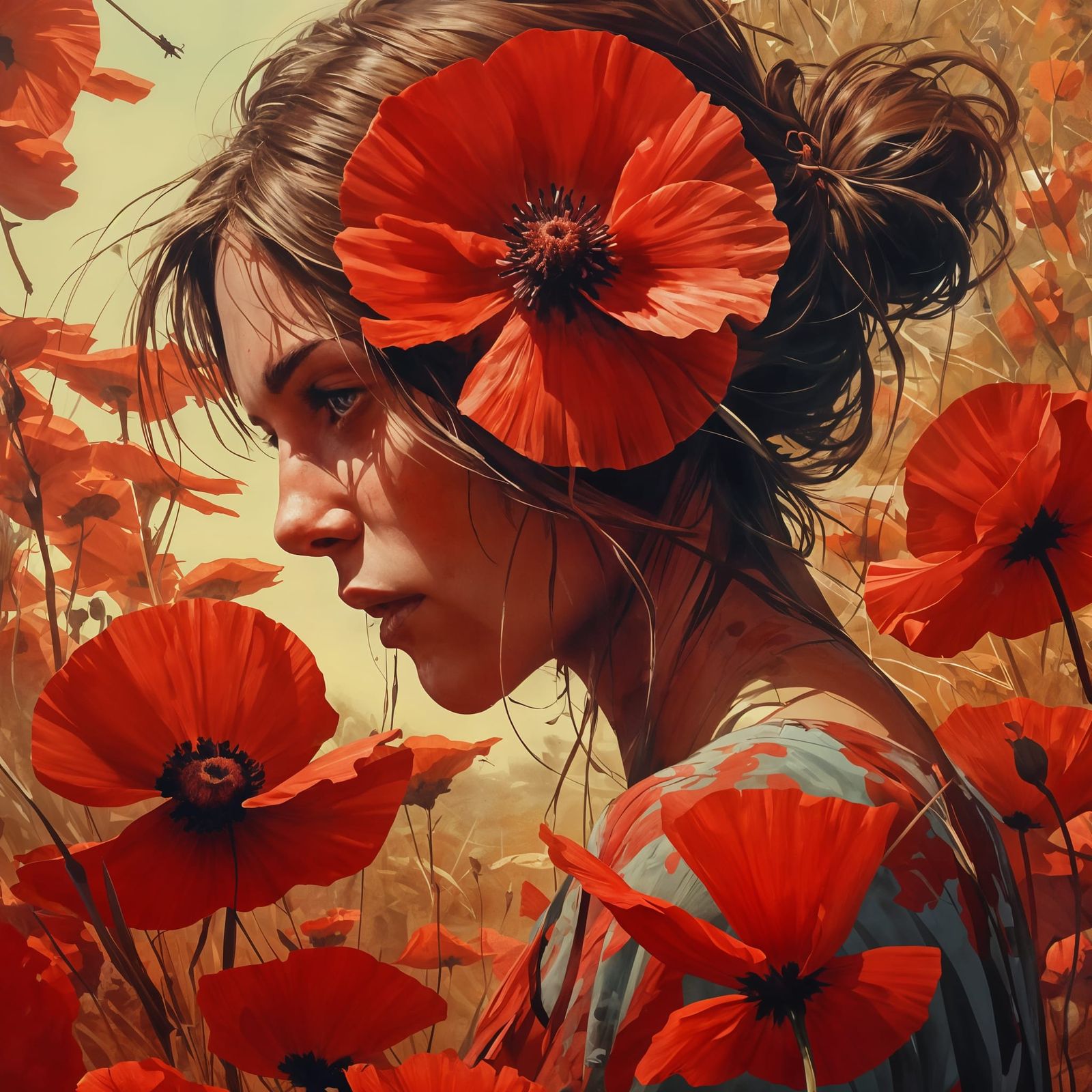 Surrealistic Red Poppy Field in Monochrome with a Touch of D...