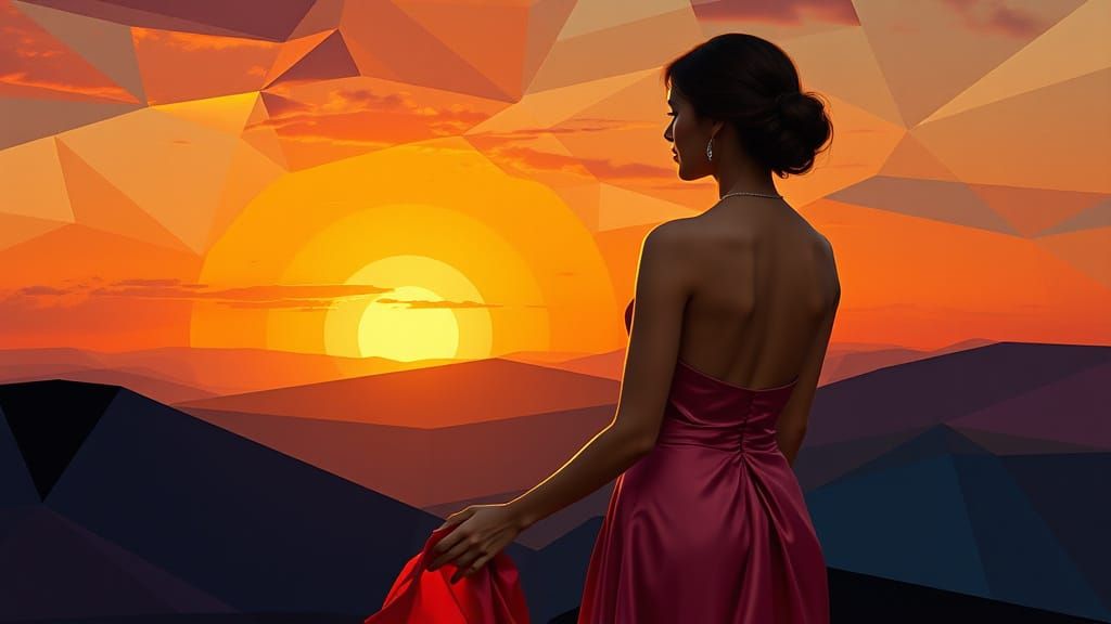 Lady in Elegant Cubist Attire Basks in Sunrise Glory