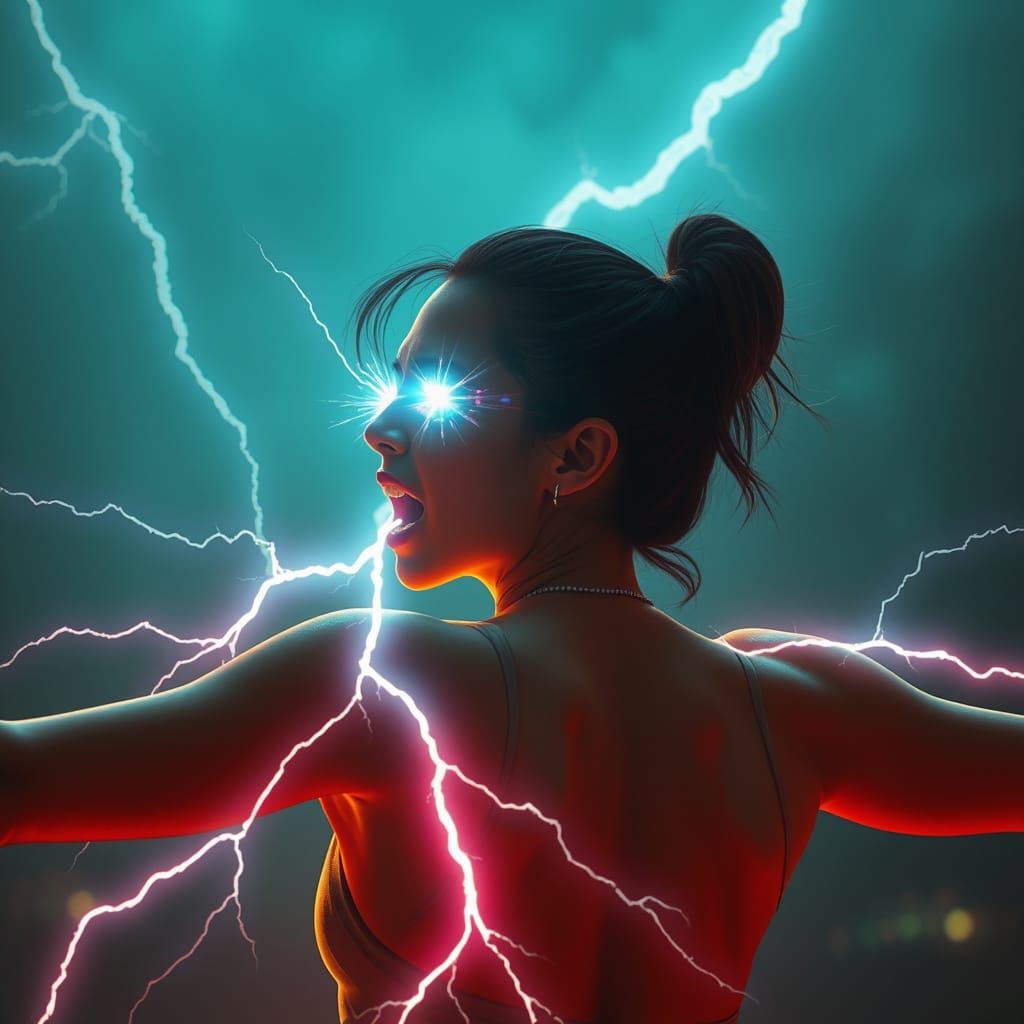 Glowing Cyberpunk Woman Receives Shock from Lightning Bolt