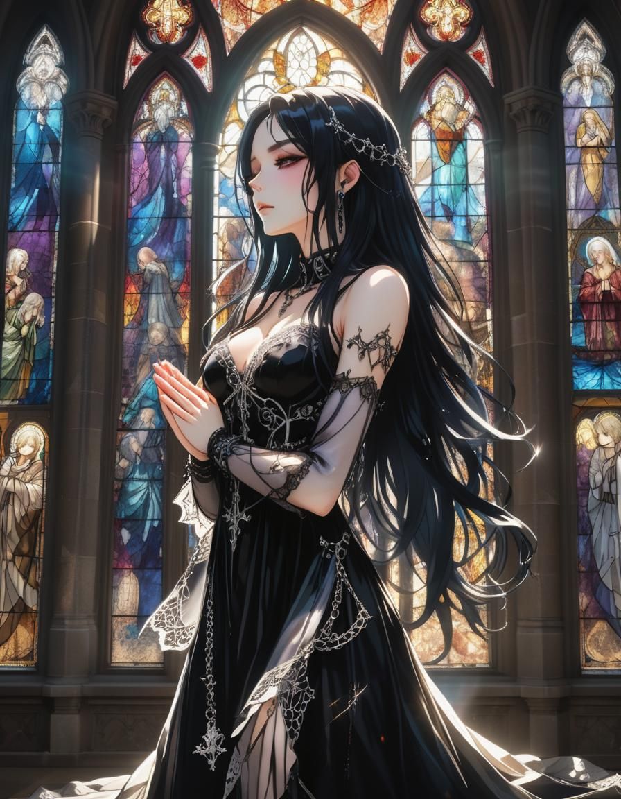 Gothic Anime Girl Praying in Church, Ethereal Light