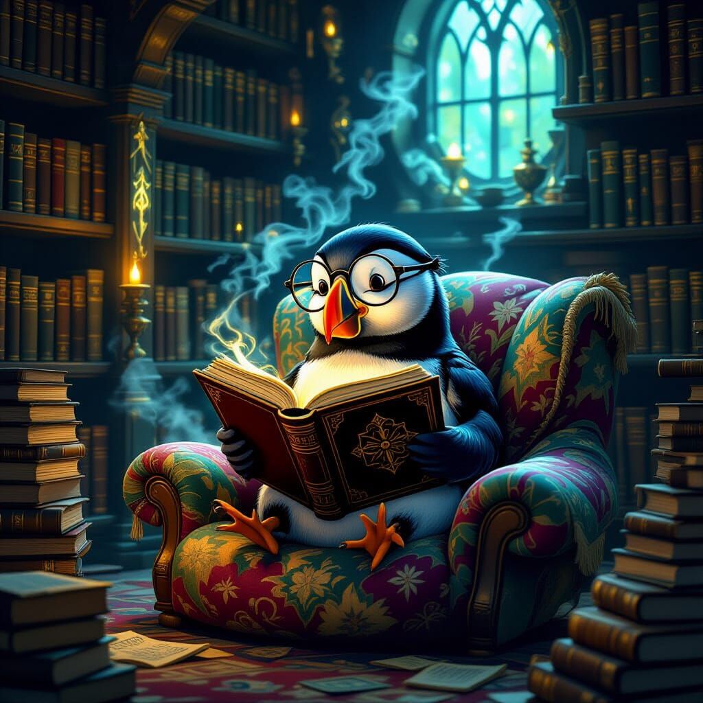 Puffin Reading Ancient Tome in Mystical Library