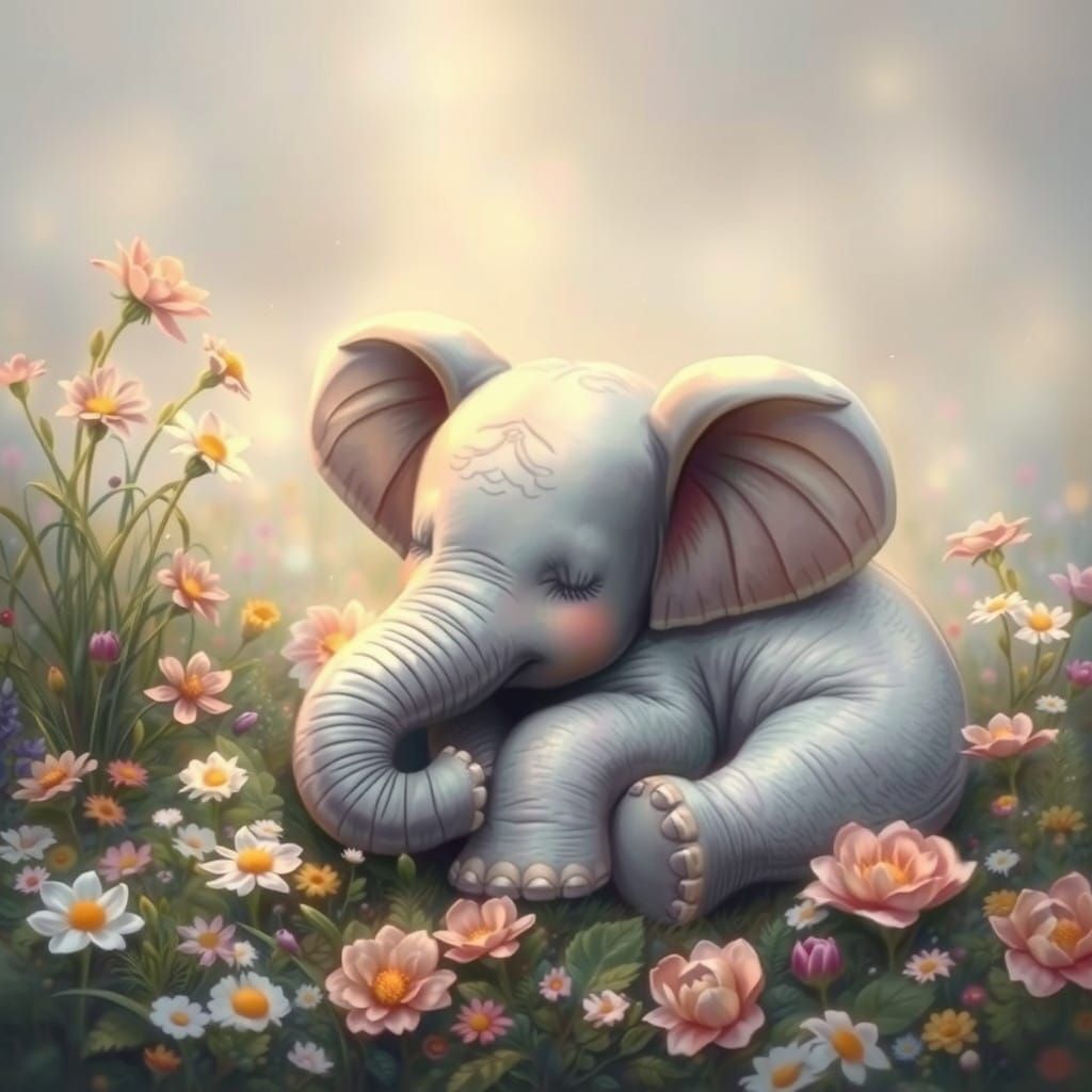 Ethereal Elephant Slumbers in Enchanted Blooms