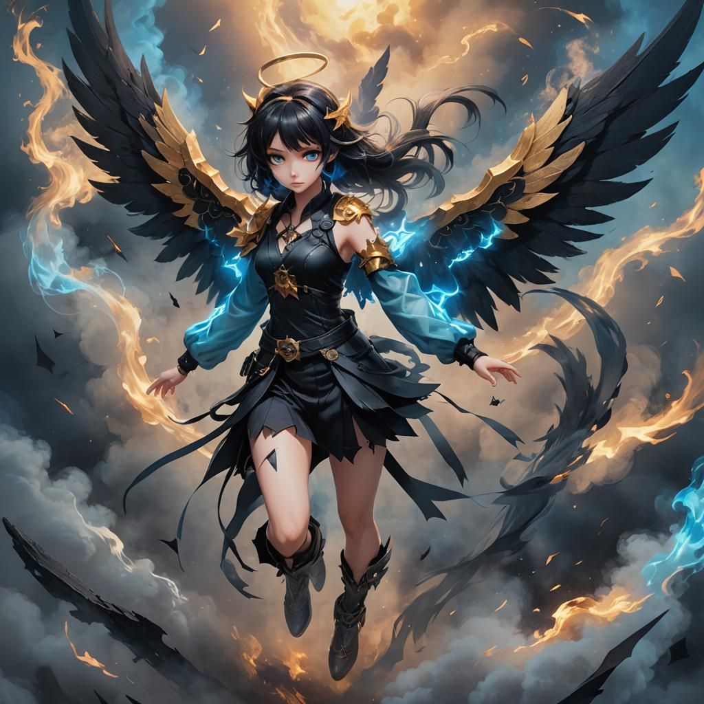 Hyper-Realistic Anime Fallen Angel with Neon Shuriken