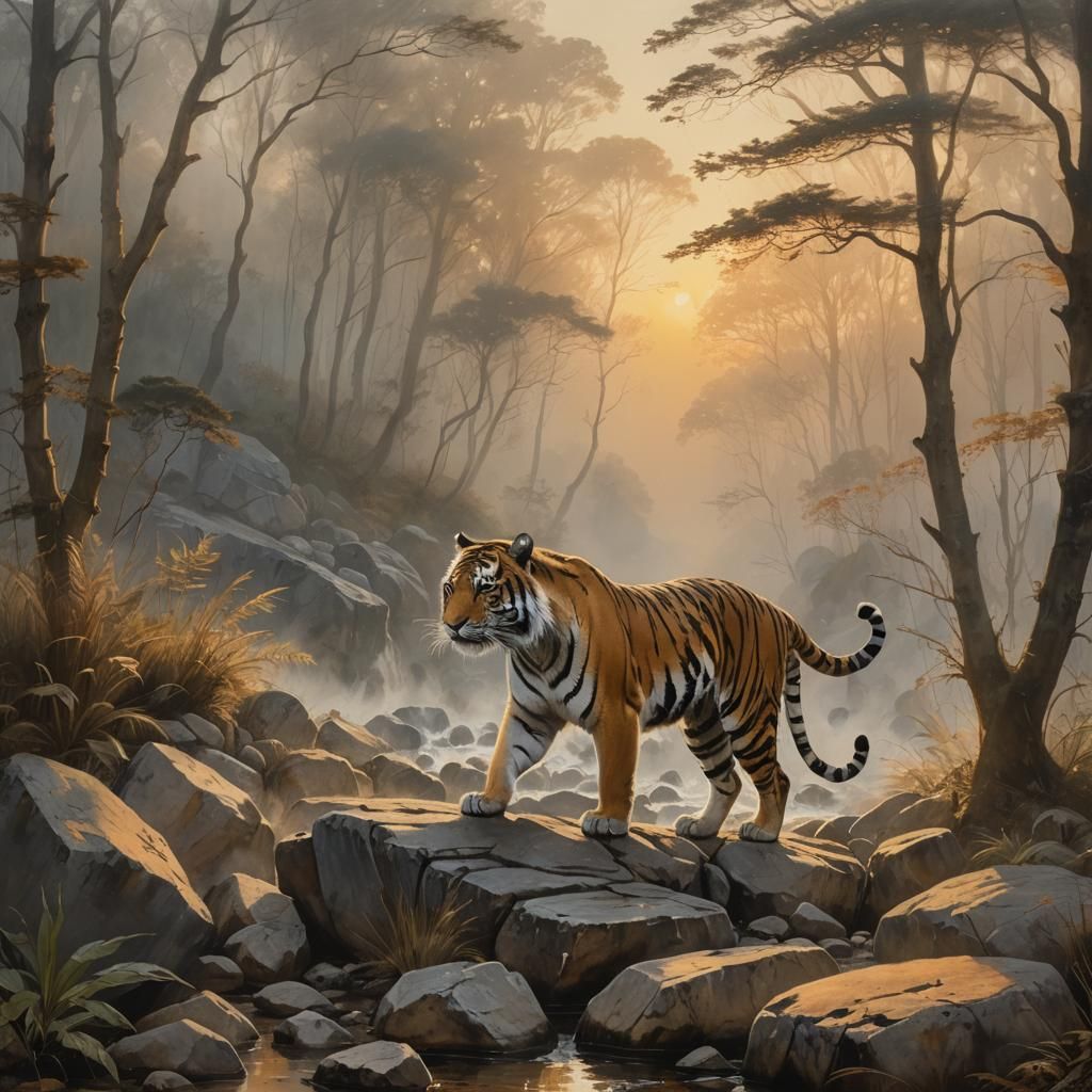 Tiger Emerges from Mist in Romantic Landscape
