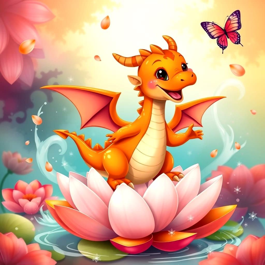 Cute Dragon on Lotus with Magical Sparkles