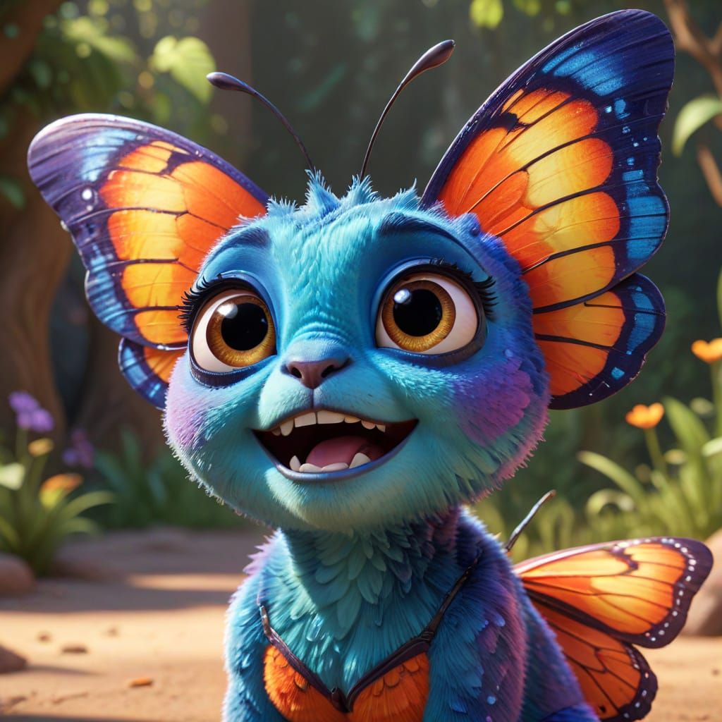 A butterfly anthropomorphic animal character in a Disney Pixar movie, a look of confusion on her face she is very confus...
