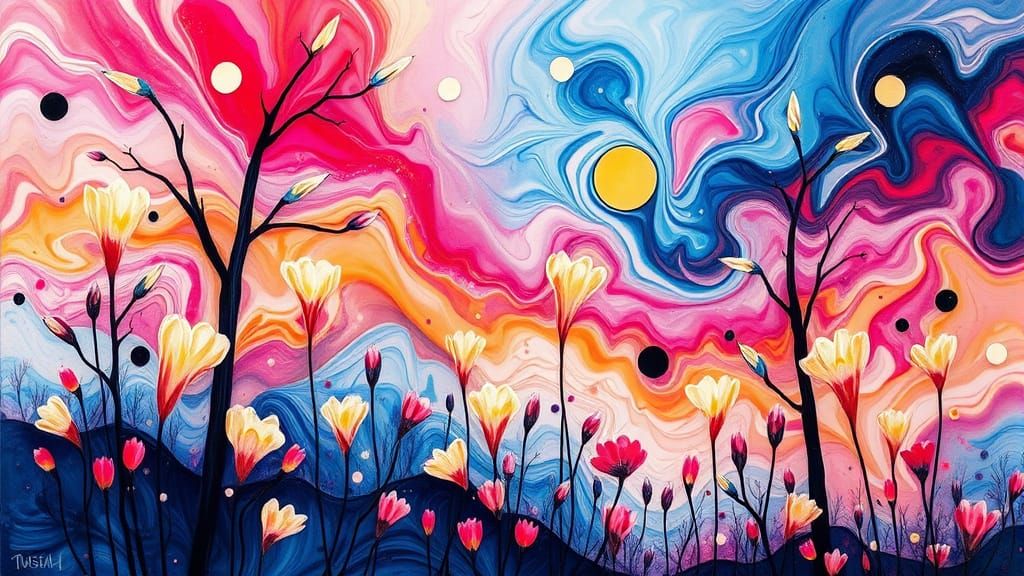 Vibrant Columbine Blooms in Fluid Acrylic Art