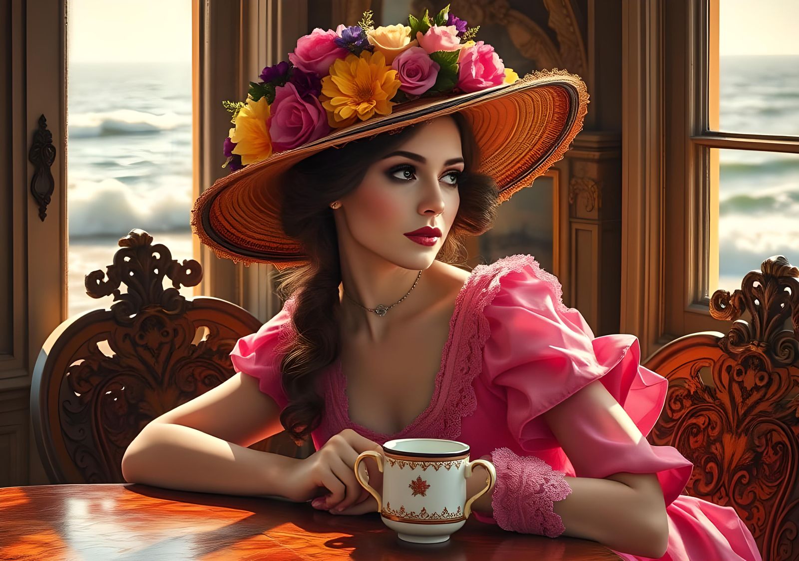 Elegant Lady Writer Overlooking Crashing Waves, Oil Painting