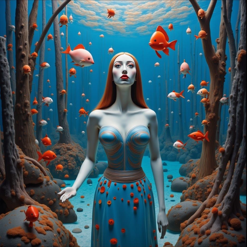 A Woman in a Vibrant Underwater Forest