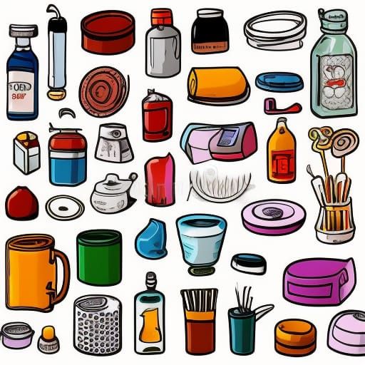 Colorful Hand-Drawn Doodle Icons of Household Items