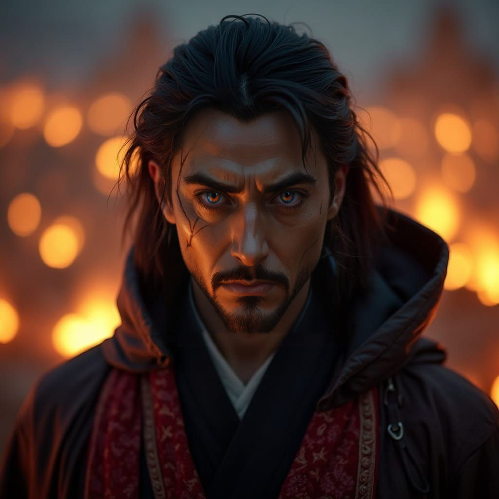 Mysterious Japanese Warrior in Crimson Robes